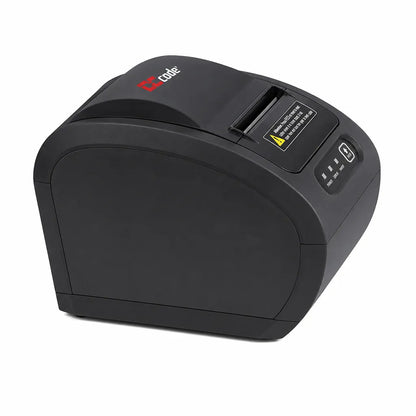 Side profile of Dcode DC3R1 80mm thermal receipt printer with compact desktop design for retail and restaurant POS.