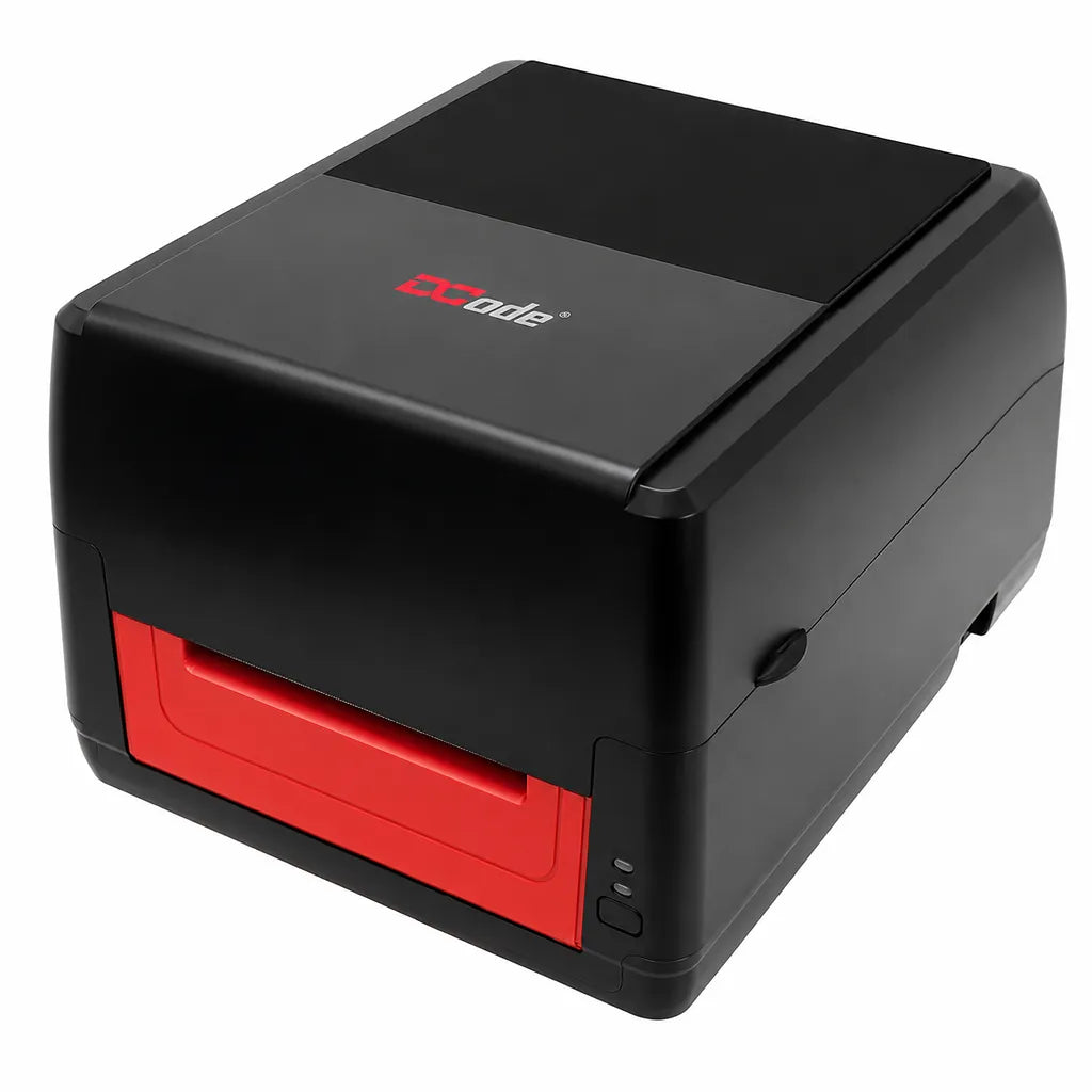 Front left perspective of Dcode DC423 Pro thermal transfer barcode label printer with compact desktop design for commercial barcode printing.