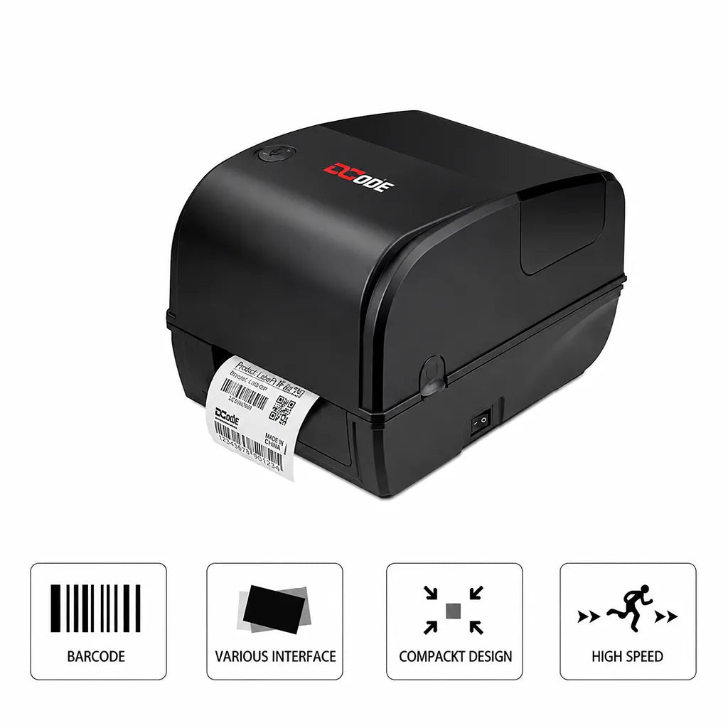 Left angle view of Dcode DC423 Pro barcode label printer printing a barcode label, featuring compact design and multiple connectivity options.