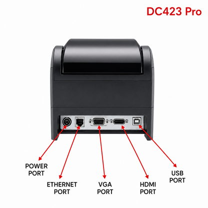 Rear view of Dcode DC423 Pro thermal transfer barcode label printer showing USB, LAN, RS232, power and display ports for business label printing.