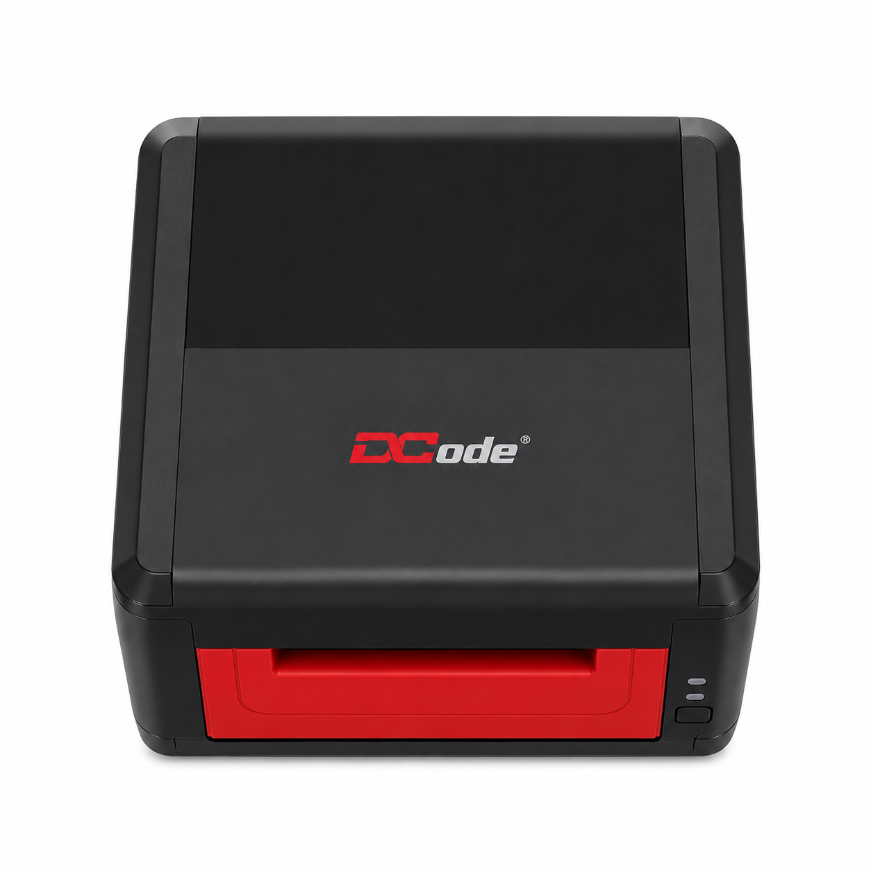 Top view of Dcode DC423 Pro thermal transfer barcode label printer with compact industrial design for barcode and shipping label printing.