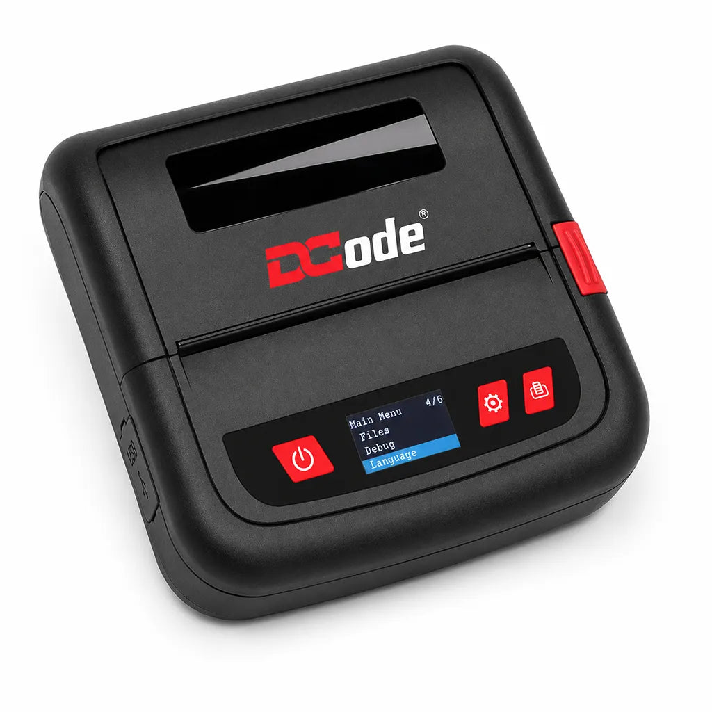 Dcode DC4M 4 Inch Bluetooth mobile barcode label and receipt printer angled perspective view for business printing.