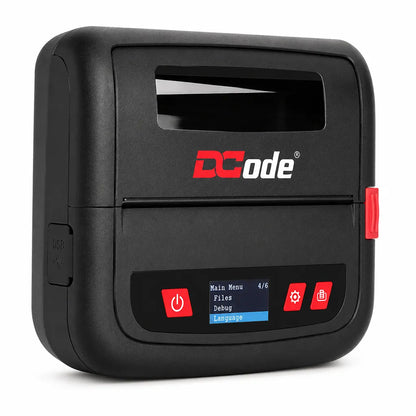 Dcode DC4M portable 4 Inch barcode label printer left angle view featuring Bluetooth connectivity and USB interface.