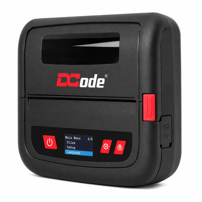 Dcode DC4M 4 Inch direct thermal mobile label printer right angle view with compact portable design.