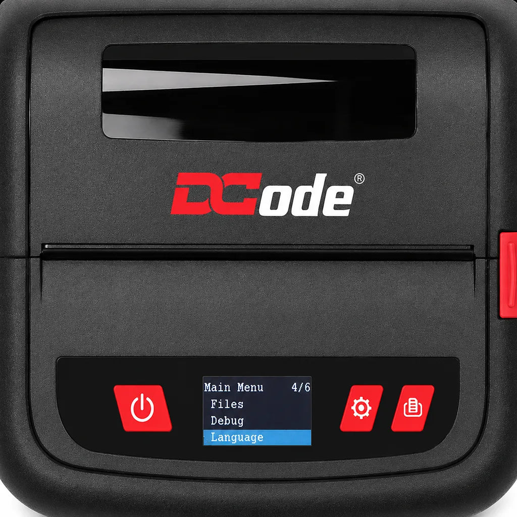 Close-up of Dcode DC4M mobile barcode printer showing OLED display, control buttons, and durable portable design.
