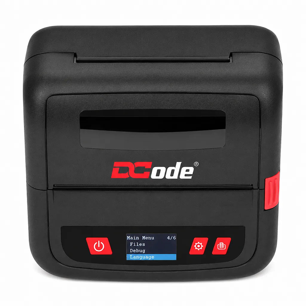 Dcode DC4M mobile barcode and receipt printer front top view with OLED display for retail and logistics applications.