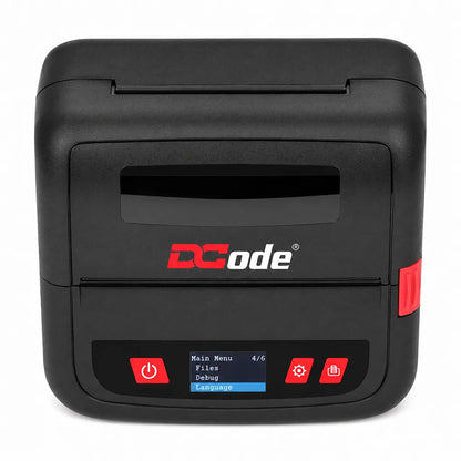 Dcode DC4M mobile barcode and receipt printer front top view with OLED display for retail and logistics applications.
