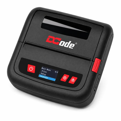 Dcode DC4M portable 4 Inch barcode label printer perspective view with direct thermal printing and compact body.