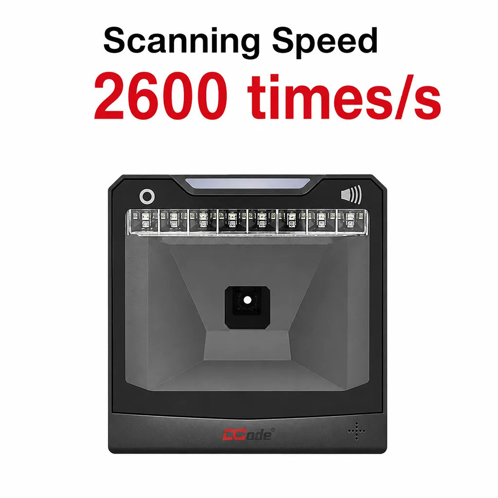 Dcode DC5142 desktop barcode scanner highlighting 2600 scans per second for fast 1D and 2D barcode scanning.