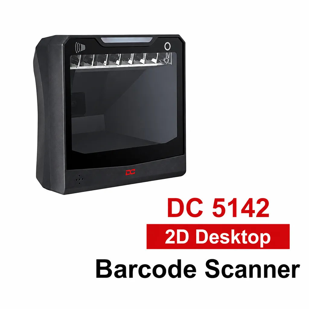 Dcode DC5142 2D desktop barcode scanner angled view for retail POS, inventory management, and QR code scanning applications.