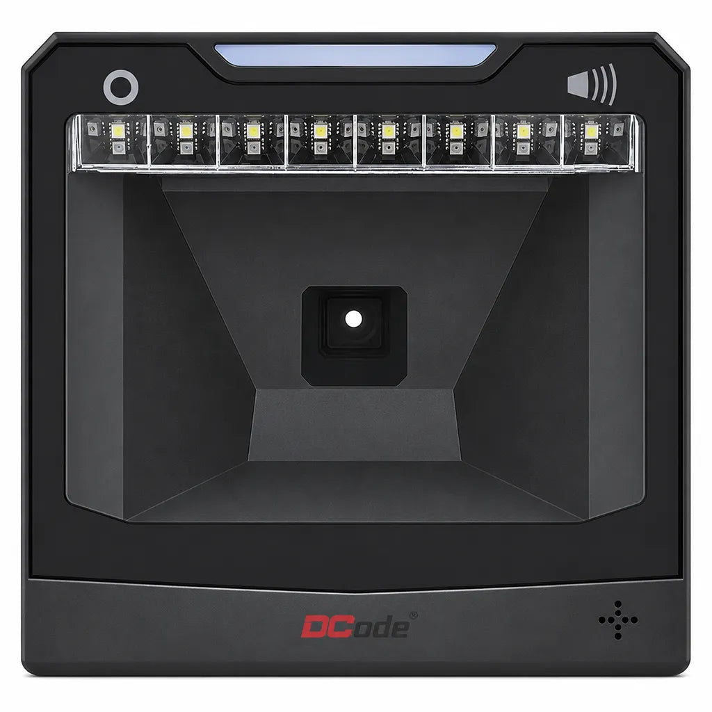 Dcode DC5142 2D desktop barcode scanner front view with hands-free USB QR code scanning and infrared auto-sensing technology.