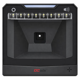 Dcode DC5142 2D desktop barcode scanner front view with hands-free USB QR code scanning and infrared auto-sensing technology.