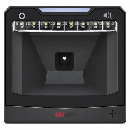 Dcode DC5142 2D desktop barcode scanner front view with hands-free USB QR code scanning and infrared auto-sensing technology.