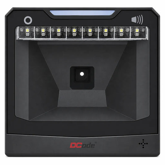 Dcode DC5142 2D desktop barcode scanner front view with hands-free USB QR code scanning and infrared auto-sensing technology.