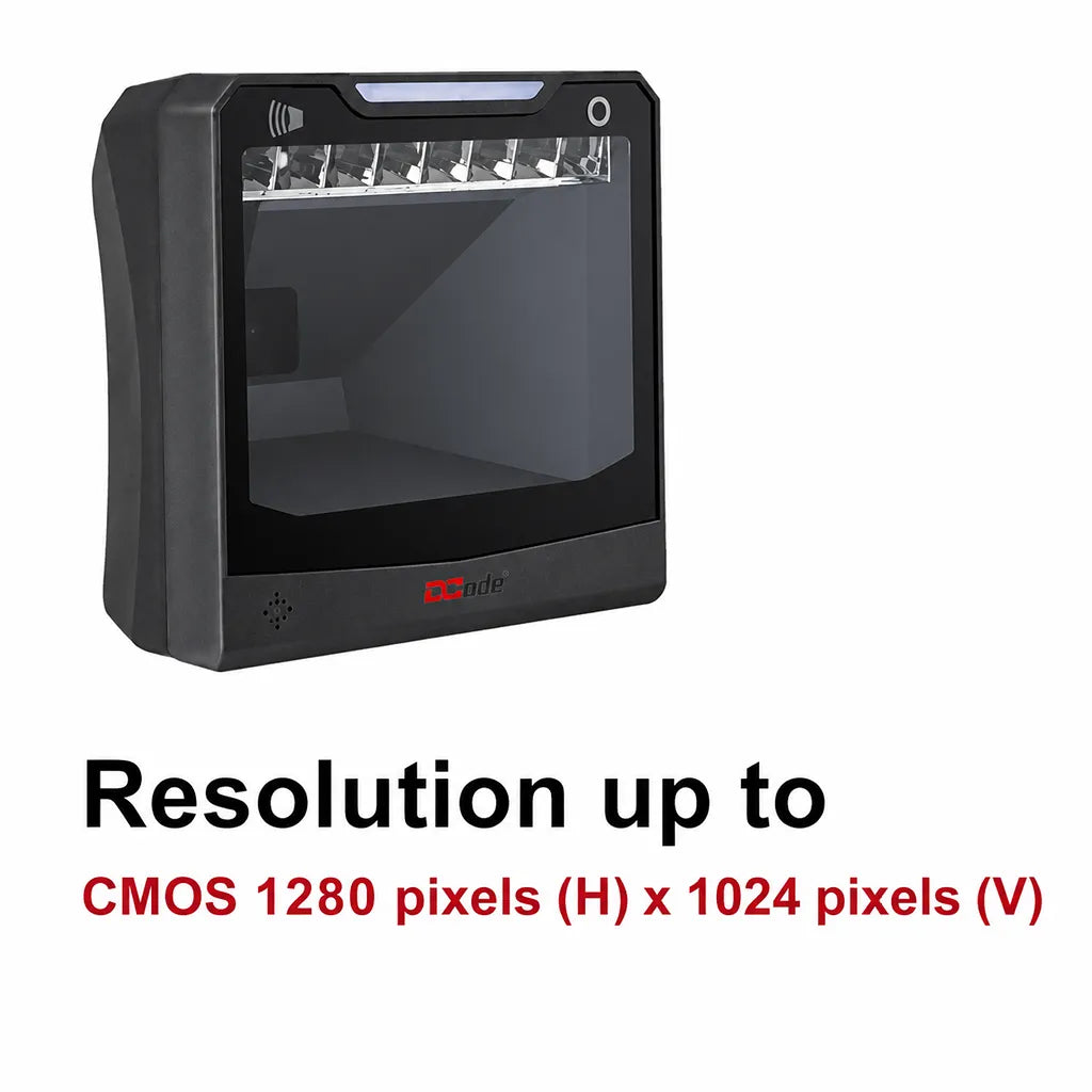 Dcode DC5142 2D desktop barcode scanner featuring CMOS sensor with 1280 × 1024 pixel resolution for accurate barcode reading.