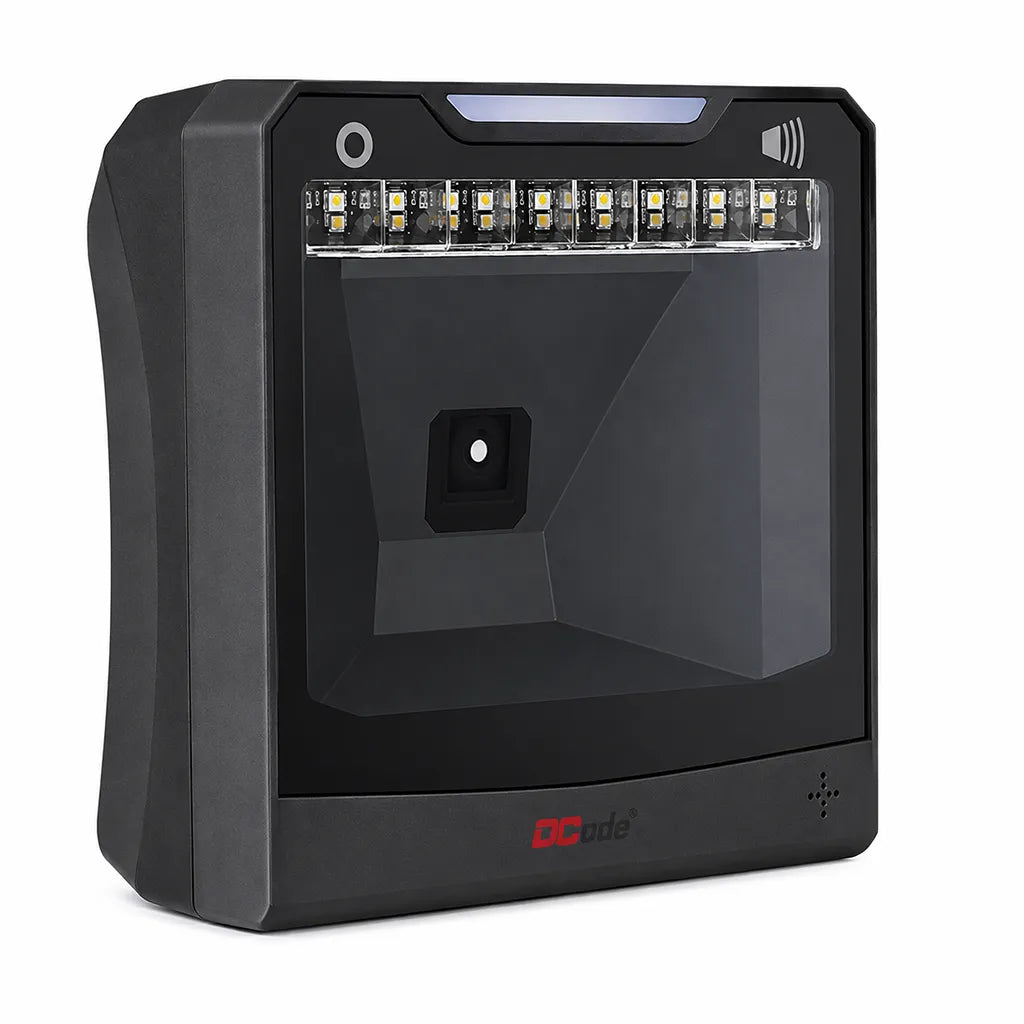 Left angle view of Dcode DC5142 wired 2D desktop barcode scanner for retail checkout and inventory management.