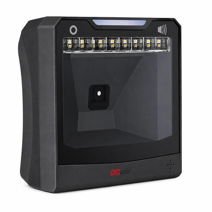 Left angle view of Dcode DC5142 wired 2D desktop barcode scanner for retail checkout and inventory management.