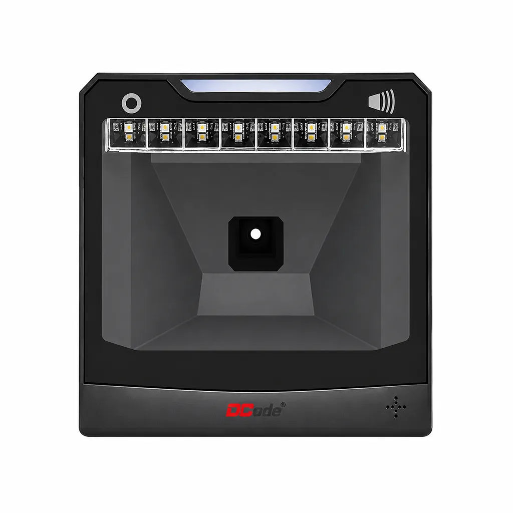 Front view of Dcode DC5142 USB wired 2D desktop barcode scanner with hands-free auto-sensing barcode scanning.