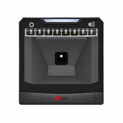 Front view of Dcode DC5142 USB wired 2D desktop barcode scanner with hands-free auto-sensing barcode scanning.
