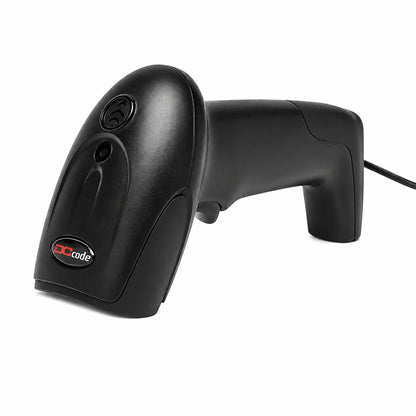 Top angle view of Dcode DC7111 1D wired barcode scanner with compact handheld design and USB connectivity.