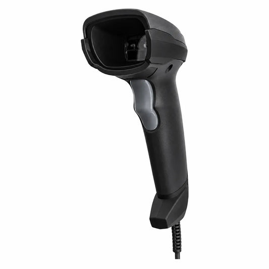 Front view of Dcode DC7111 1D laser barcode scanner with ergonomic handheld design for fast barcode scanning.