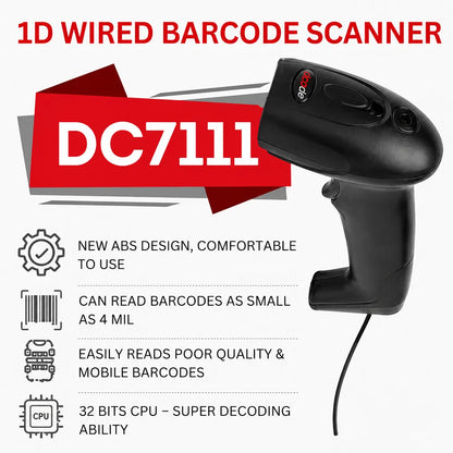Dcode DC7111 1D wired barcode scanner highlighting 4 mil resolution, 32-bit CPU, and mobile barcode scanning support.