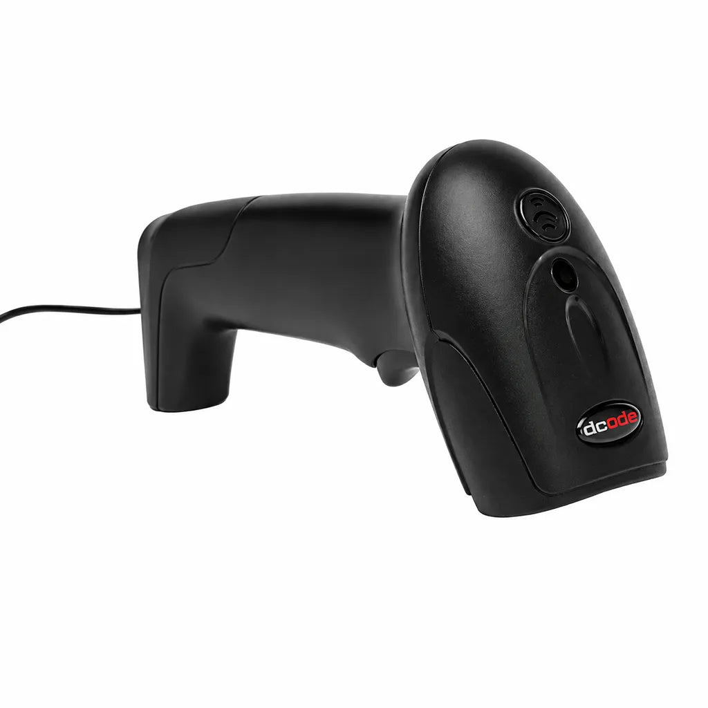 Dcode DC7111 1D wired laser barcode scanner front left view for retail POS, warehouse, and inventory management.