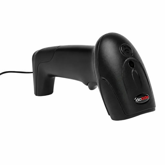 Dcode DC7111 1D wired laser barcode scanner front left view for retail POS, warehouse, and inventory management.