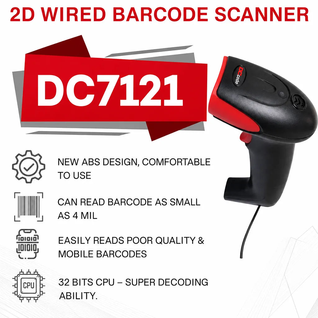 Dcode DC7121 2D wired barcode scanner highlighting 4 mil resolution, 32-bit CPU and mobile barcode scanning support.