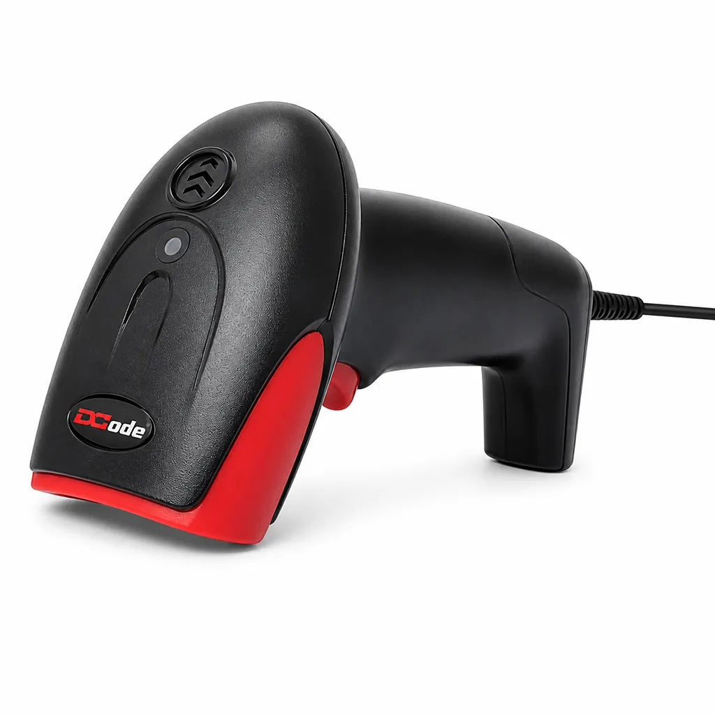 Right side view of Dcode DC7121 handheld 2D wired barcode scanner with ergonomic ABS design and USB connectivity.