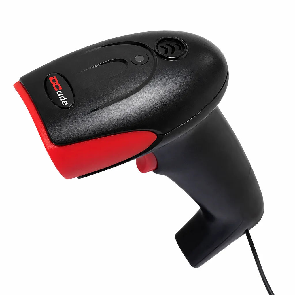 Front left perspective of Dcode DC7122 wireless 2D barcode scanner featuring ergonomic handheld design for business barcode scanning.