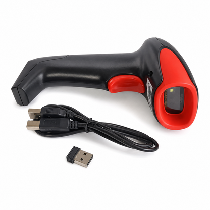 Dcode DC7122CW wireless barcode scanner with USB cable, wireless USB receiver, and 2D CMOS scanning engine.