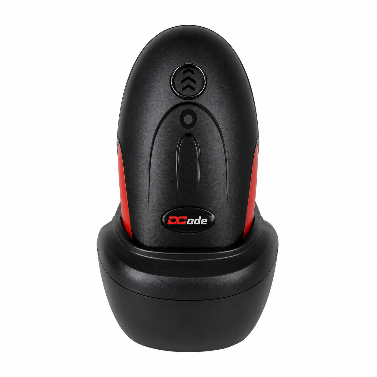 Front view of Dcode DC7122CW wireless barcode scanner docked in charging cradle for continuous business operations.