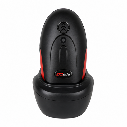 Front view of Dcode DC7122CW wireless barcode scanner docked in charging cradle for continuous business operations.