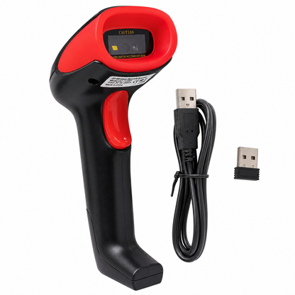 Rear view of Dcode DC7122CW wireless 2D barcode scanner with USB cable and wireless dongle for plug-and-play connectivity.