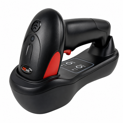 Dcode DC7122CW wireless 2D barcode scanner with charging base and cradle for POS, retail, warehouse, and inventory management.