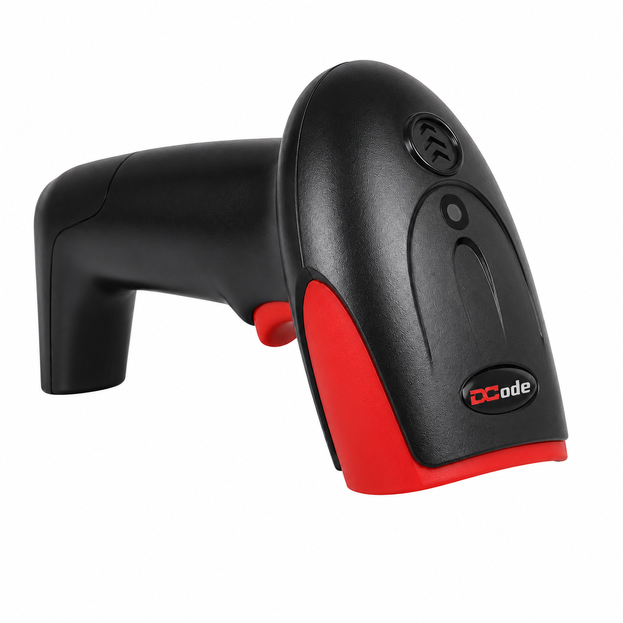 Left angled view of Dcode DC7122CW wireless 2D barcode scanner designed for retail, logistics, and warehouse applications.