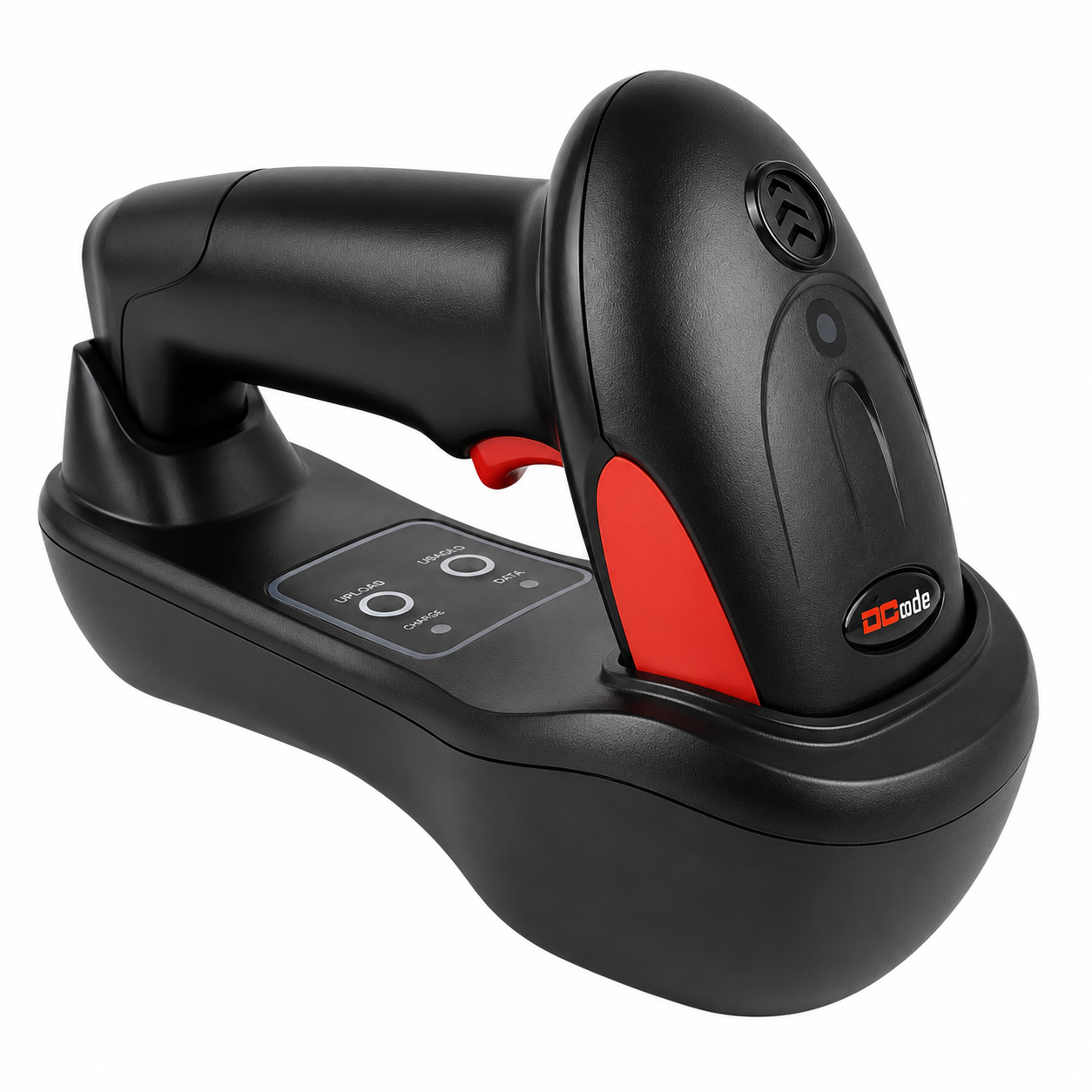 Dcode DC7122CW wireless barcode scanner with charging cradle showing ergonomic handheld design and communication base.