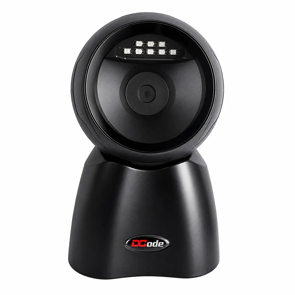 Dcode DC7132 tabletop barcode scanner front view with hands-free 1D and 2D barcode scanning for retail POS systems.