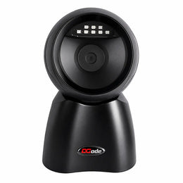 Dcode DC7132 tabletop barcode scanner front view with hands-free 1D and 2D barcode scanning for retail POS systems.