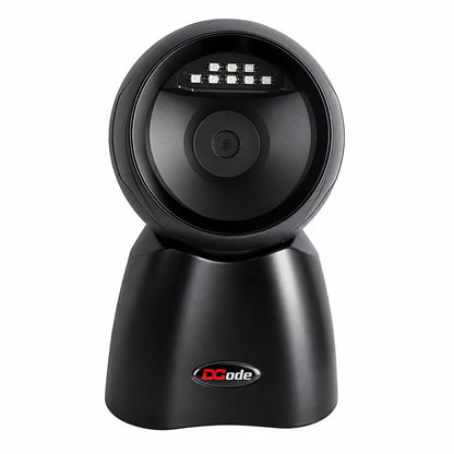 Dcode DC7132 tabletop barcode scanner front view with hands-free 1D and 2D barcode scanning for retail POS systems.