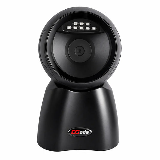 Dcode DC7132 tabletop barcode scanner front view with hands-free 1D and 2D barcode scanning for retail POS systems.