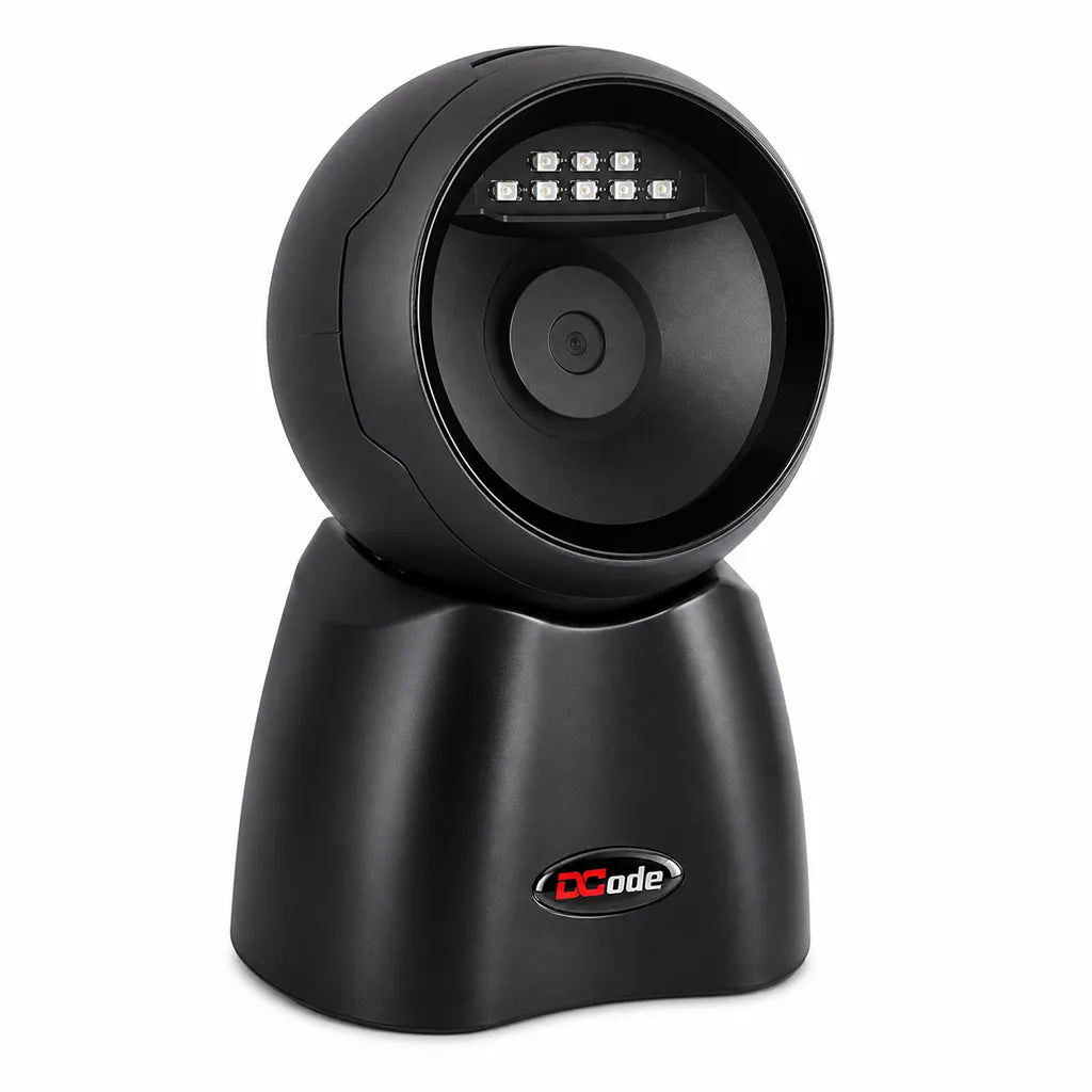 Dcode DC7132 desktop 1D and 2D barcode scanner left angle view with omnidirectional scanning technology.