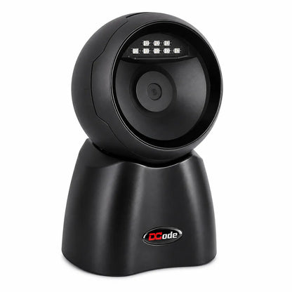 Dcode DC7132 desktop 1D and 2D barcode scanner left angle view with omnidirectional scanning technology.