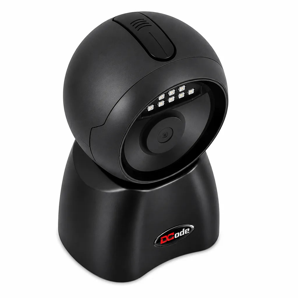 Rear angle view of Dcode DC7132 tabletop barcode scanner with compact design for POS checkout counters.