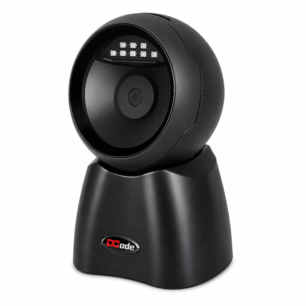 Dcode DC7132 hands-free tabletop barcode scanner right angle view for retail billing, POS, and inventory management.