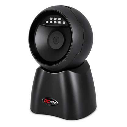 Dcode DC7132 hands-free tabletop barcode scanner right angle view for retail billing, POS, and inventory management.