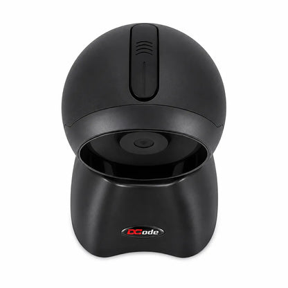 Top view of Dcode DC7132 tabletop barcode scanner showing compact hands-free desktop scanning design.