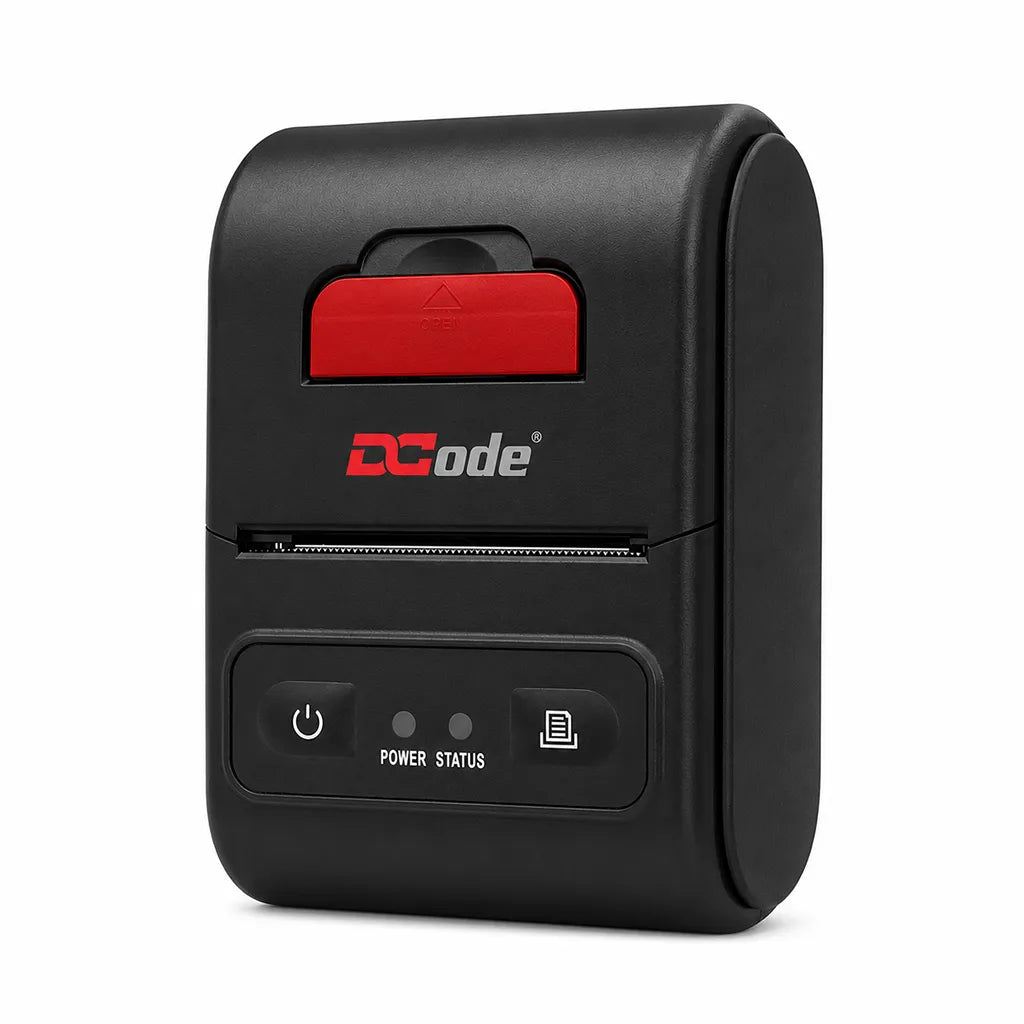 Dcode DCMP21 Bluetooth mobile receipt printer right angle view with portable direct thermal printing technology.
