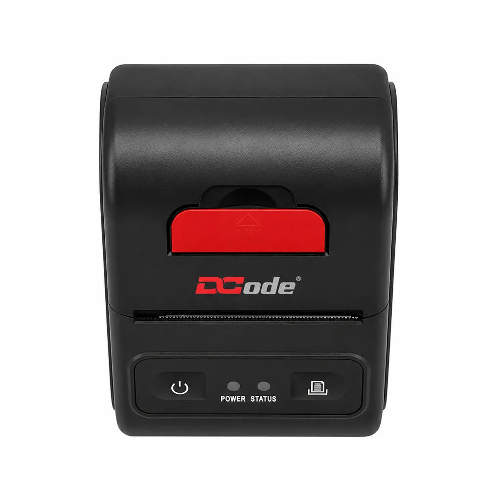 Dcode DCMP21 58mm mobile thermal receipt printer top front view showing paper cover and control buttons.